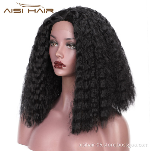 Aisi Hair Top Quality Medium Long Natural Black Wig Synthetic Lace Front Wig Middle Part Afro Curly Kinky Hair Wigs For Women
